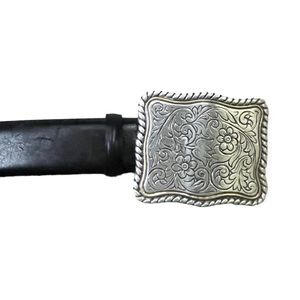 Stunning WCM Black Calf Leather Belt w/Large Tooled Silver Buckle, sz Medium
